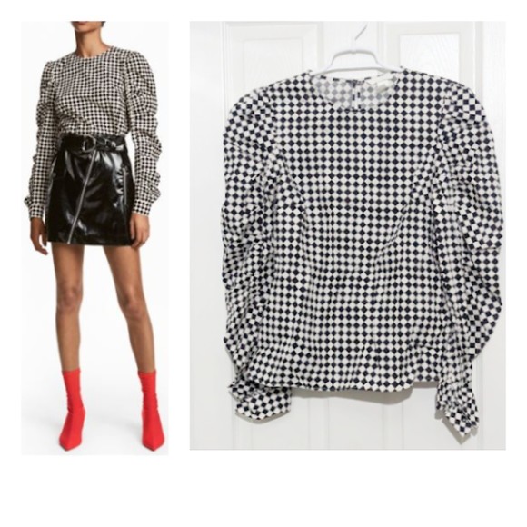 H&M Tops - H&M Checkered Diamond Black/White Ruched Ruffled Sleeve Blouse